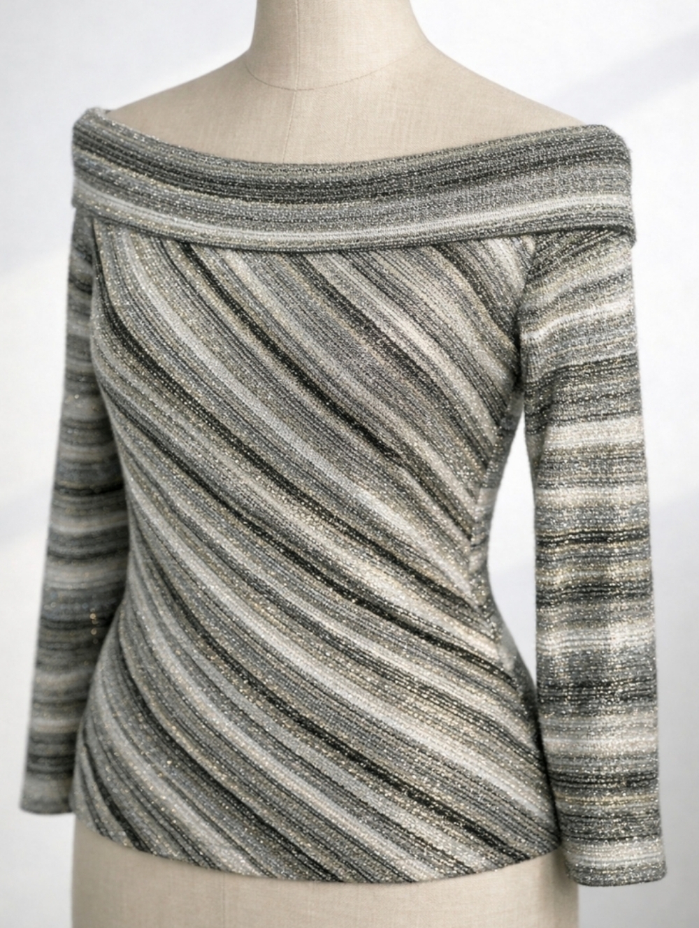 Vintage 90s Off Shoulder Metallic Stripe Top Black Gold Shimmer XS S